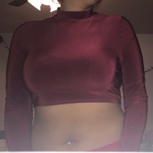 Long Sleeve Burgundy Turtleneck Cropped Top